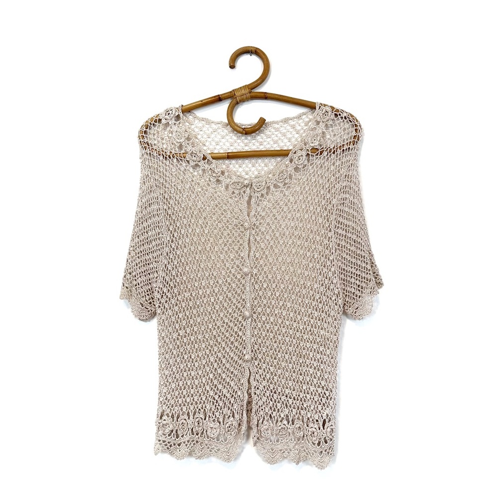 Vintage | Neutral Grandmacore Crochet Short Sleeve Cardigan